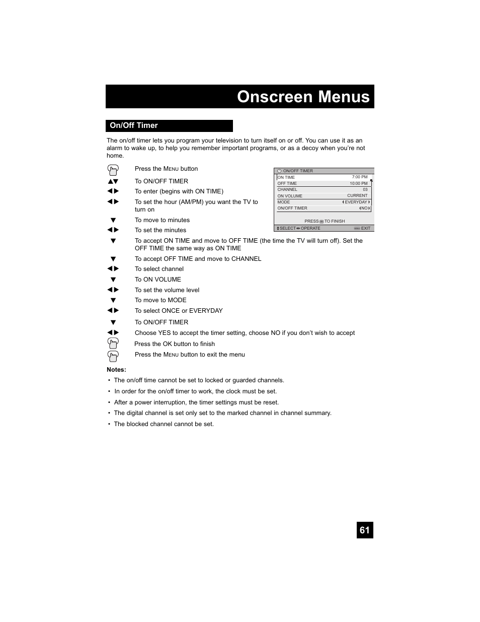 On/off timer, Onscreen menus | JVC 0707TNH-II-IM User Manual | Page 61 / 80