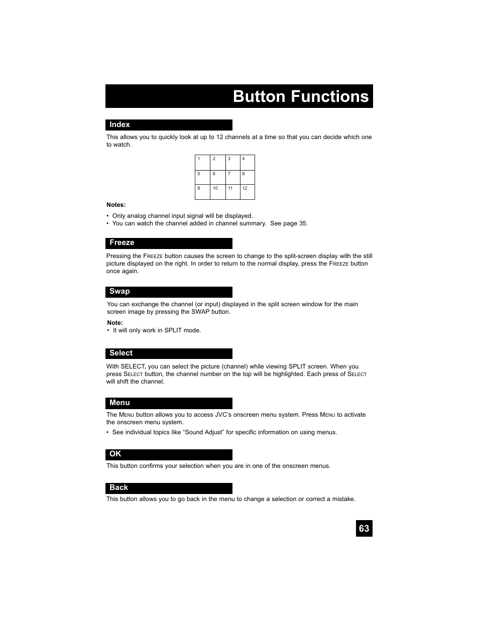 Index, Freeze, Swap | Select, Menu, Back, Button functions | JVC 0707TNH-II-IM User Manual | Page 63 / 80