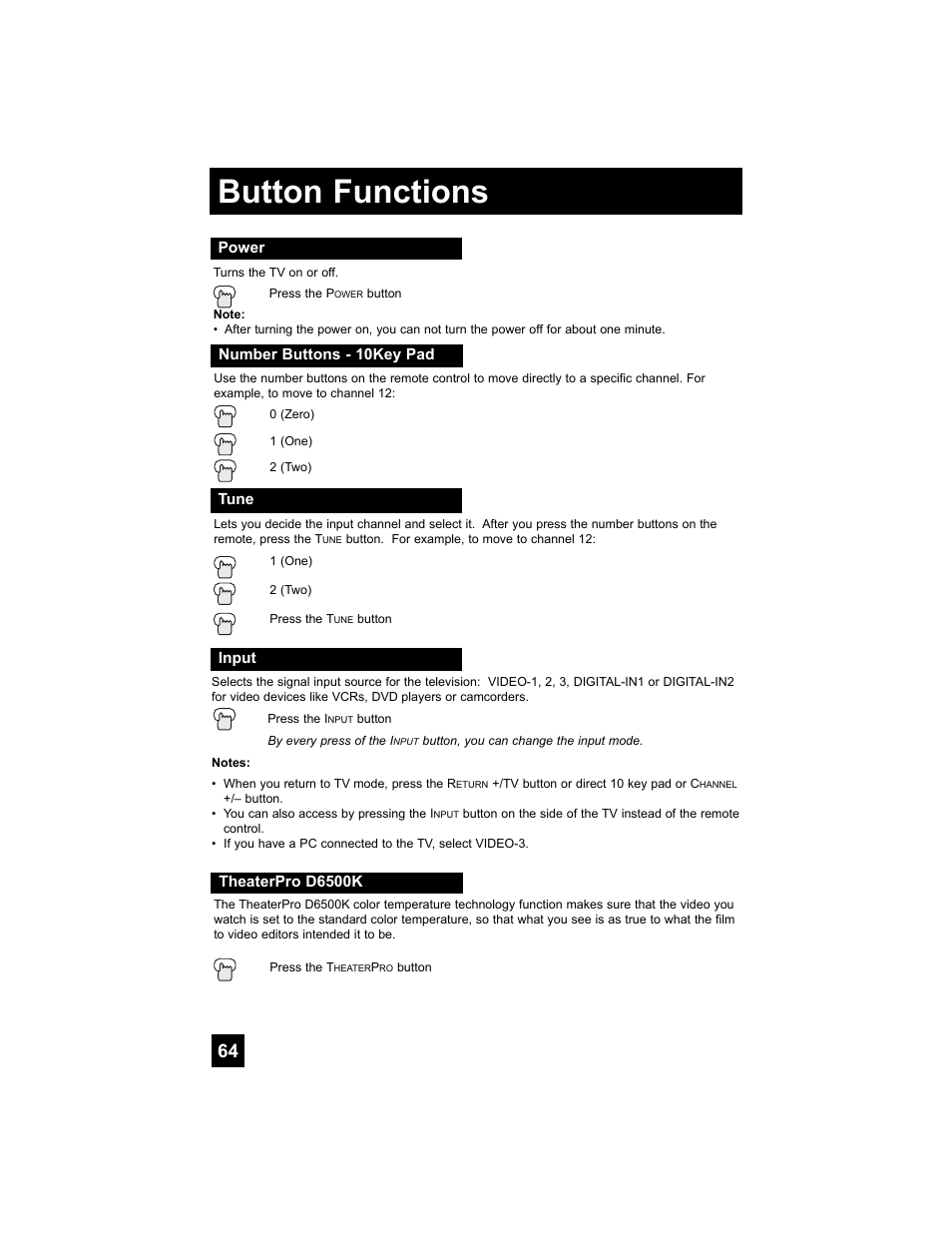 Power, Number buttons - 10key pad, Tune | Input, Theaterpro d6500k, Button functions | JVC 0707TNH-II-IM User Manual | Page 64 / 80