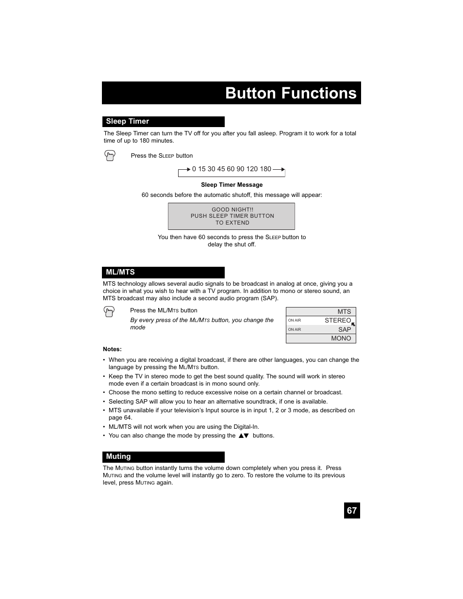 Sleep timer, Ml/mts, Muting | Button functions | JVC 0707TNH-II-IM User Manual | Page 67 / 80