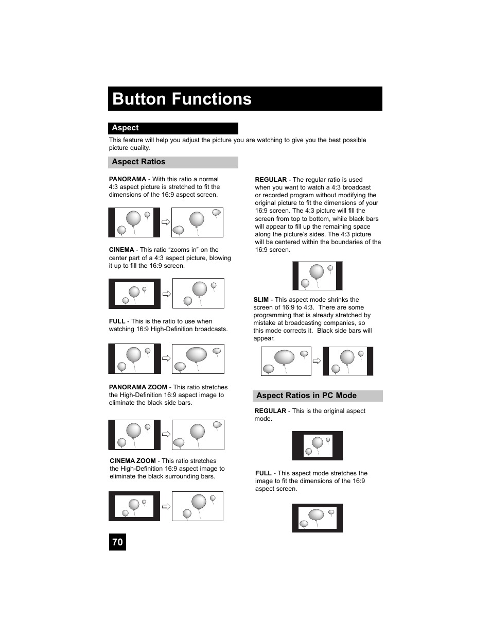 Aspect, Aspect ratios, Button functions | JVC 0707TNH-II-IM User Manual | Page 70 / 80