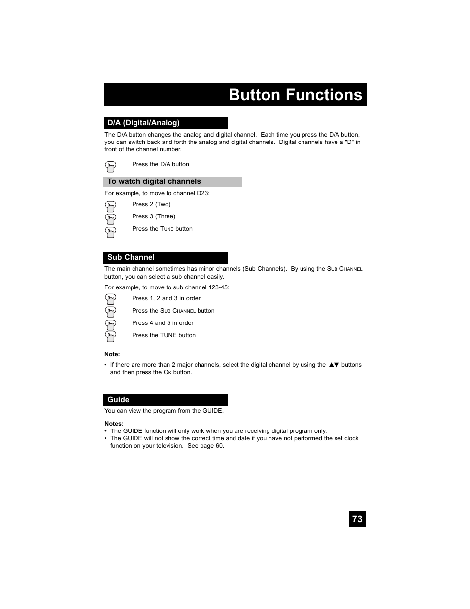 D/a (digital/analog), Sub channel, Guide | Button functions | JVC 0707TNH-II-IM User Manual | Page 73 / 80