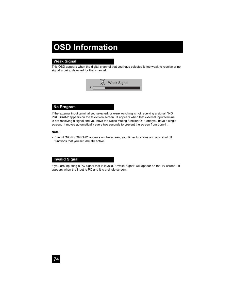 Osd information, Weak signal, No program | Invalid signal | JVC 0707TNH-II-IM User Manual | Page 74 / 80