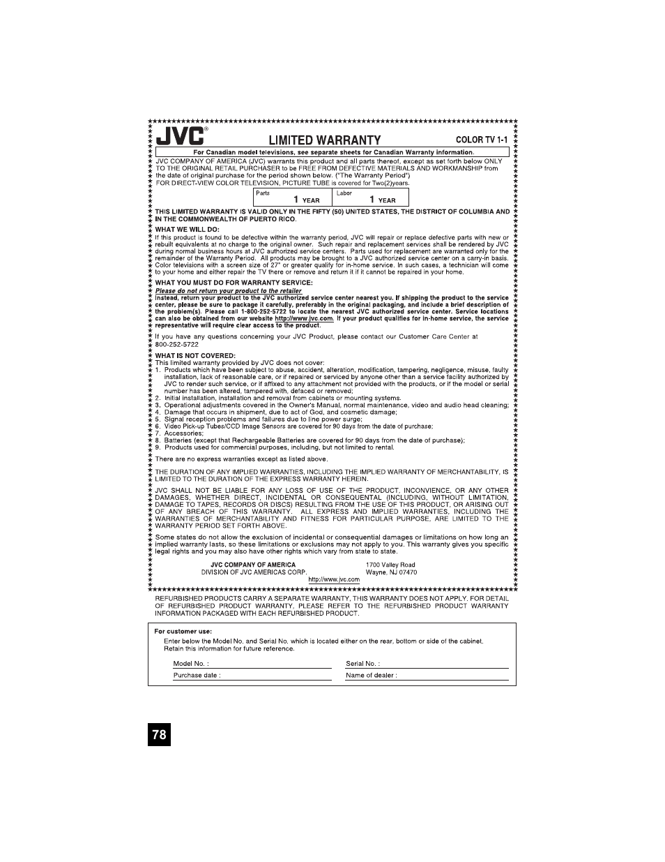 Limited warranty | JVC 0707TNH-II-IM User Manual | Page 78 / 80