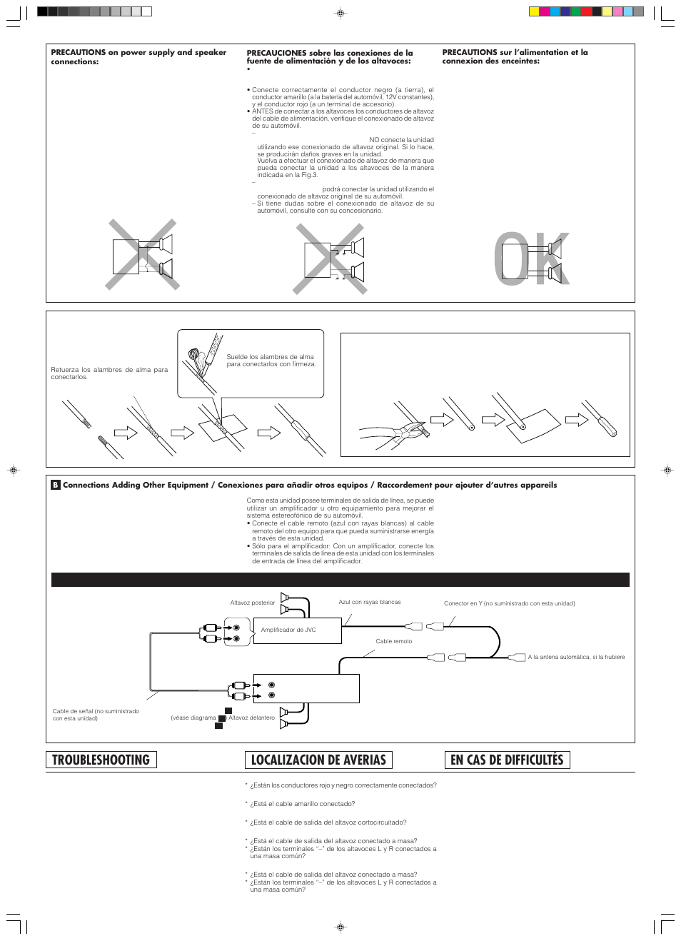 Localizacion de averias, En cas de difficultés, Troubleshooting | Amplifier / amplificador / amplificateur | JVC Model KS-FX200 User Manual | Page 25 / 25
