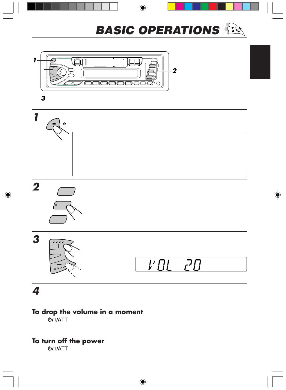 Basic operations, Turn on the power, Play the source | Adjust the volume, Adjust the sound as you want (see pages 10 – 12) | JVC Model KS-FX200 User Manual | Page 3 / 25