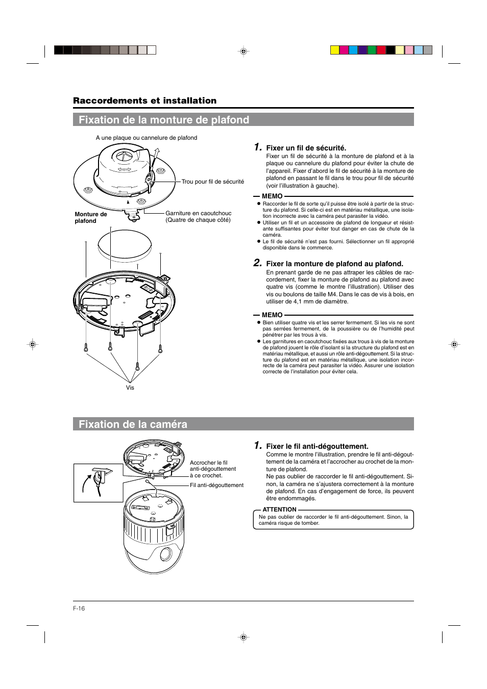 Fixation de la monture de plafond, Fixation de la caméra, Raccordements et installation | JVC DOME TYPE CAMERA TK-C676 User Manual | Page 102 / 216