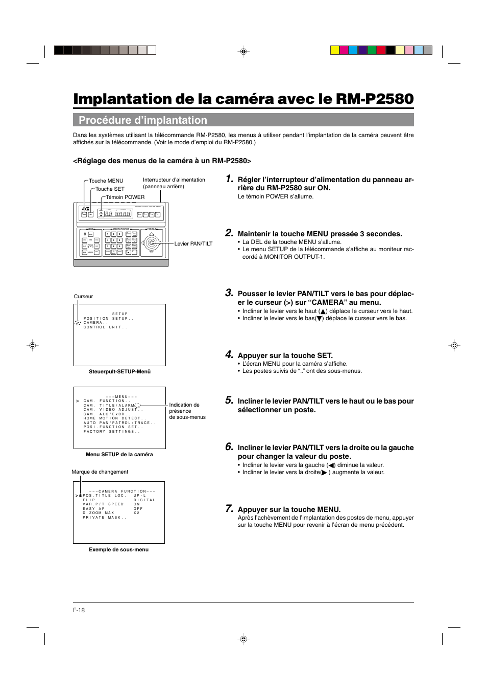 Implantation de la caméra avec le rm-p2580, Procédure d’implantation, Réglage des menus de la caméra à un rm-p2580 | Maintenir la touche menu pressée 3 secondes, Appuyer sur la touche set, Appuyer sur la touche menu, F-18, Le témoin power s’allume, Incliner le levier vers le haut, Déplace le curseur vers le bas | JVC DOME TYPE CAMERA TK-C676 User Manual | Page 104 / 216