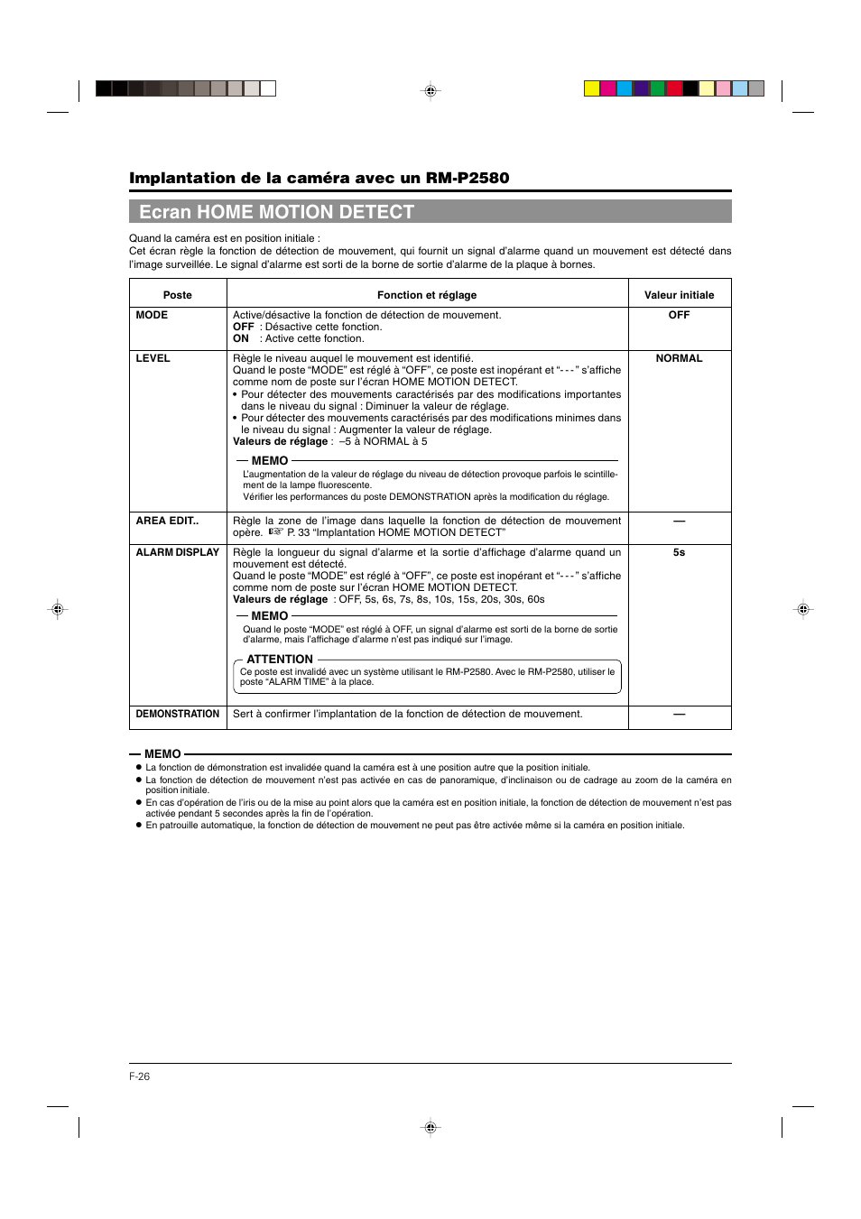 Ecran home motion detect, P.26, Implantation de la caméra avec un rm-p2580 | JVC DOME TYPE CAMERA TK-C676 User Manual | Page 112 / 216