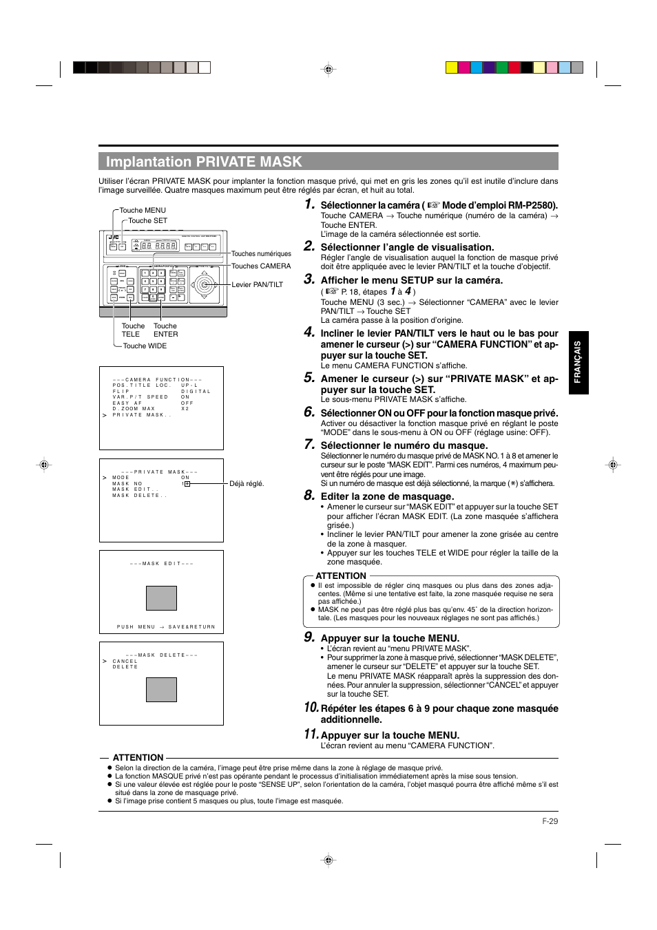 Implantation private mask, P.29, Sélectionner la caméra | Mode d’emploi rm-p2580), Sélectionner l’angle de visualisation, Afficher le menu setup sur la caméra, Sélectionner le numéro du masque, Editer la zone de masquage, Appuyer sur la touche menu, Attention | JVC DOME TYPE CAMERA TK-C676 User Manual | Page 115 / 216