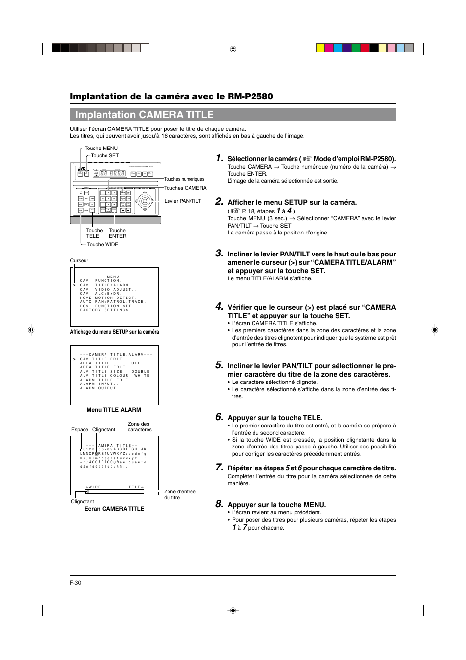 Implantation camera title, P. 30, Implantation de la caméra avec le rm-p2580 | Sélectionner la caméra, Mode d’emploi rm-p2580), Afficher le menu setup sur la caméra, Appuyer sur la touche tele, Répéter les étapes, Pour chaque caractère de titre, Appuyer sur la touche menu | JVC DOME TYPE CAMERA TK-C676 User Manual | Page 116 / 216