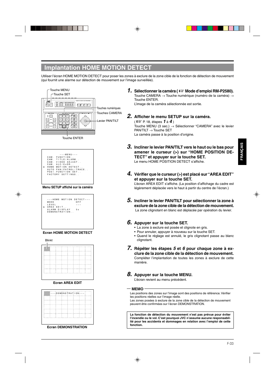 Implantation home motion detect, Sélectionner la caméra, Mode d’emploi rm-p2580) | Afficher le menu setup sur la caméra, Appuyer sur la touche set, Répéter les étapes, Appuyer sur la touche menu | JVC DOME TYPE CAMERA TK-C676 User Manual | Page 119 / 216