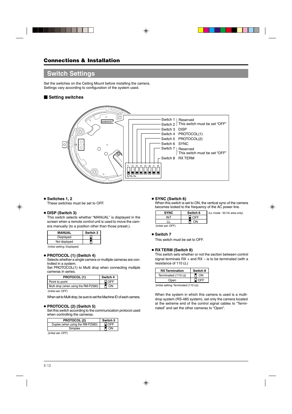 Switch settings, P. 12, Connections & installation | Setting switches | JVC DOME TYPE CAMERA TK-C676 User Manual | Page 12 / 216