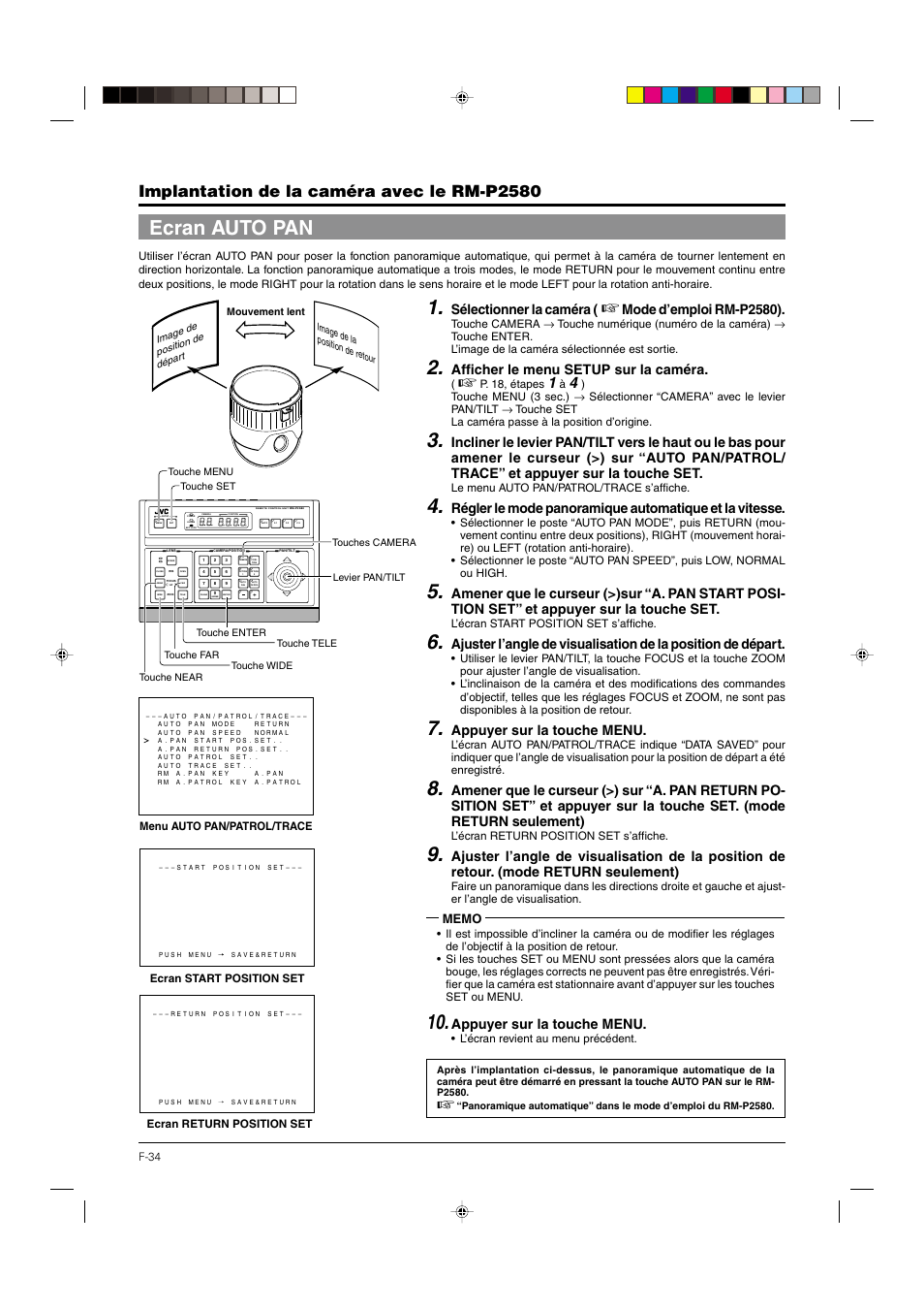 Ecran auto pan, P. 34, Implantation de la caméra avec le rm-p2580 | Sélectionner la caméra, Mode d’emploi rm-p2580), Afficher le menu setup sur la caméra, Appuyer sur la touche menu | JVC DOME TYPE CAMERA TK-C676 User Manual | Page 120 / 216