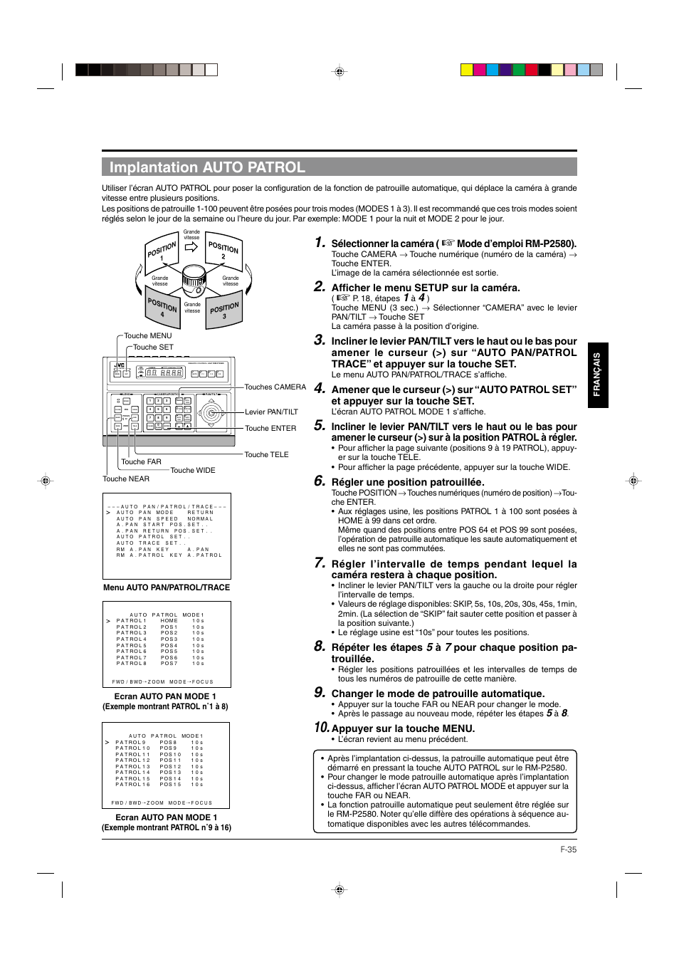 Implantation auto patrol, P. 35, Sélectionner la caméra | Mode d’emploi rm-p2580), Afficher le menu setup sur la caméra, Régler une position patrouillée, Répéter les étapes, Pour chaque position pa- trouillée, Changer le mode de patrouille automatique, Appuyer sur la touche menu | JVC DOME TYPE CAMERA TK-C676 User Manual | Page 121 / 216