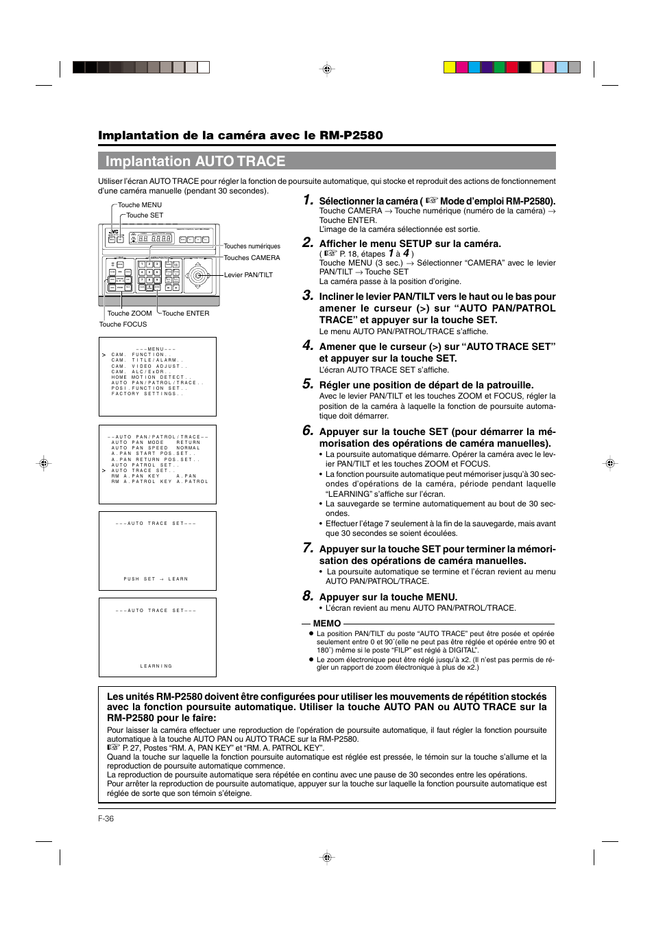 Implantation auto trace, P. 36, Implantation de la caméra avec le rm-p2580 | Sélectionner la caméra, Mode d’emploi rm-p2580), Afficher le menu setup sur la caméra, Régler une position de départ de la patrouille, Appuyer sur la touche menu | JVC DOME TYPE CAMERA TK-C676 User Manual | Page 122 / 216