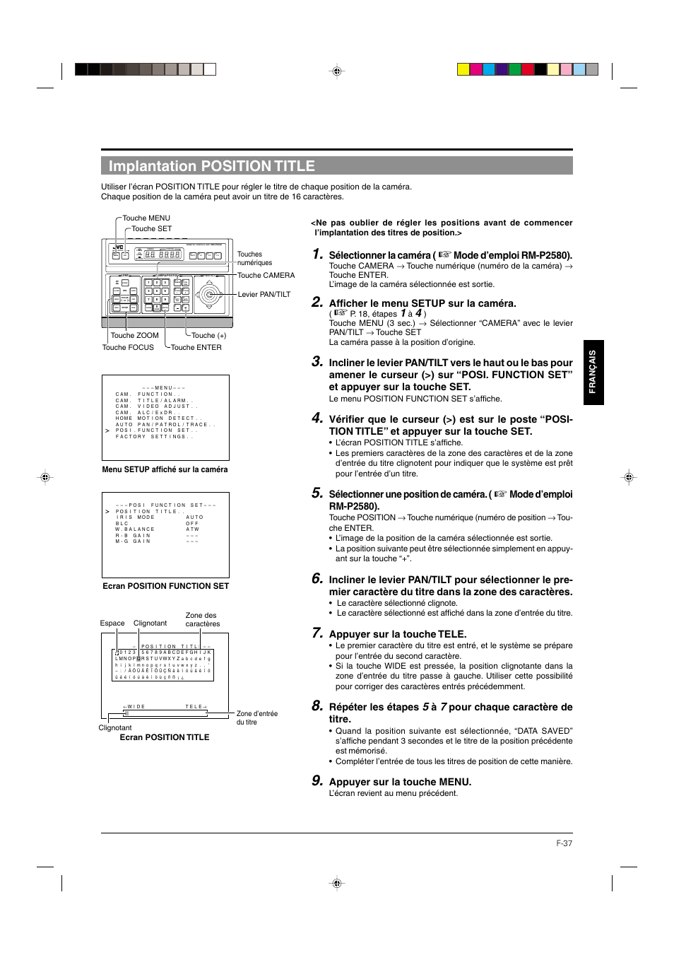 Implantation position title, P. 37, Sélectionner la caméra | Mode d’emploi rm-p2580), Afficher le menu setup sur la caméra, Sélectionner une position de caméra, Appuyer sur la touche tele, Répéter les étapes, Pour chaque caractère de titre, Appuyer sur la touche menu | JVC DOME TYPE CAMERA TK-C676 User Manual | Page 123 / 216