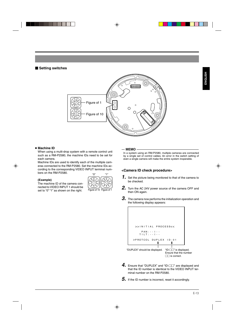 P. 13, Id check procedure, P. 13) | Setting switches <camera id check procedure | JVC DOME TYPE CAMERA TK-C676 User Manual | Page 13 / 216