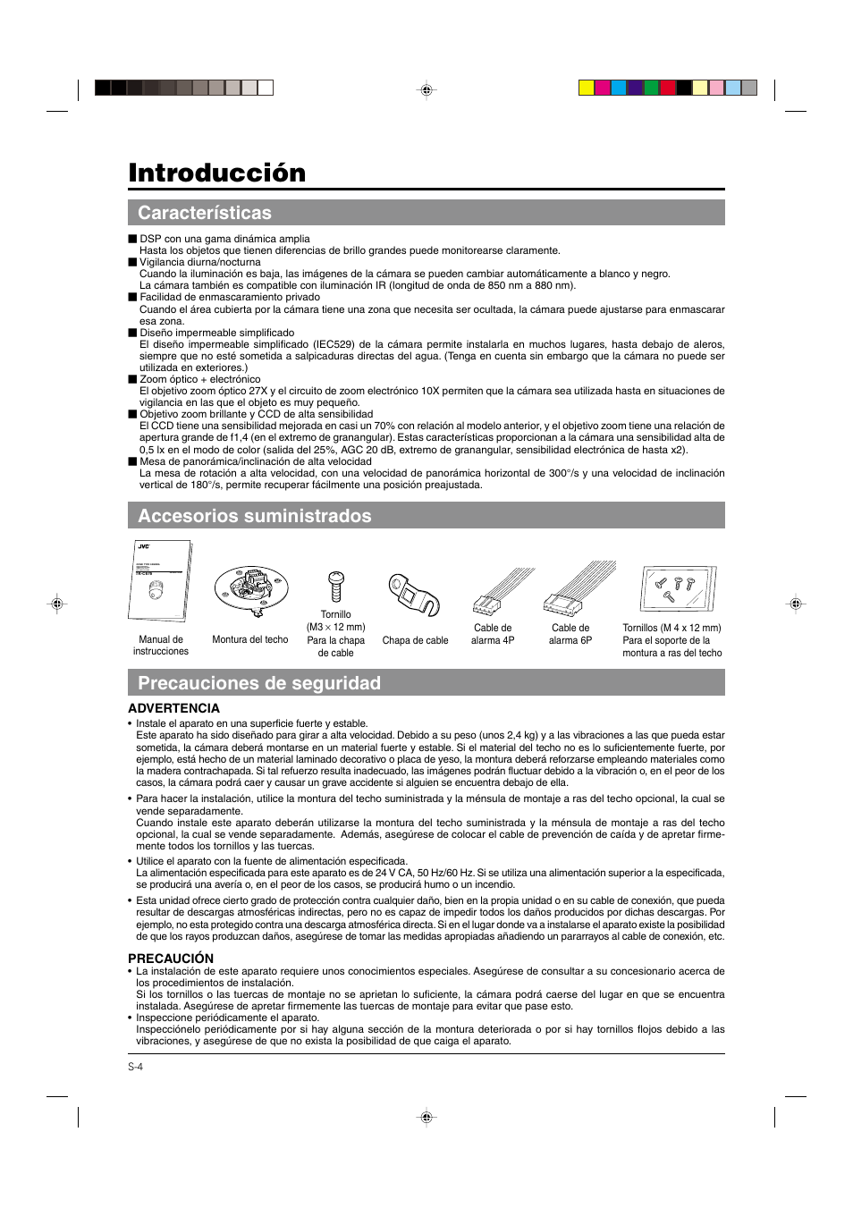 Introducción, Características, Accesorios suministrados | Precauciones de seguridad, Accesorios suministrados características | JVC DOME TYPE CAMERA TK-C676 User Manual | Page 133 / 216