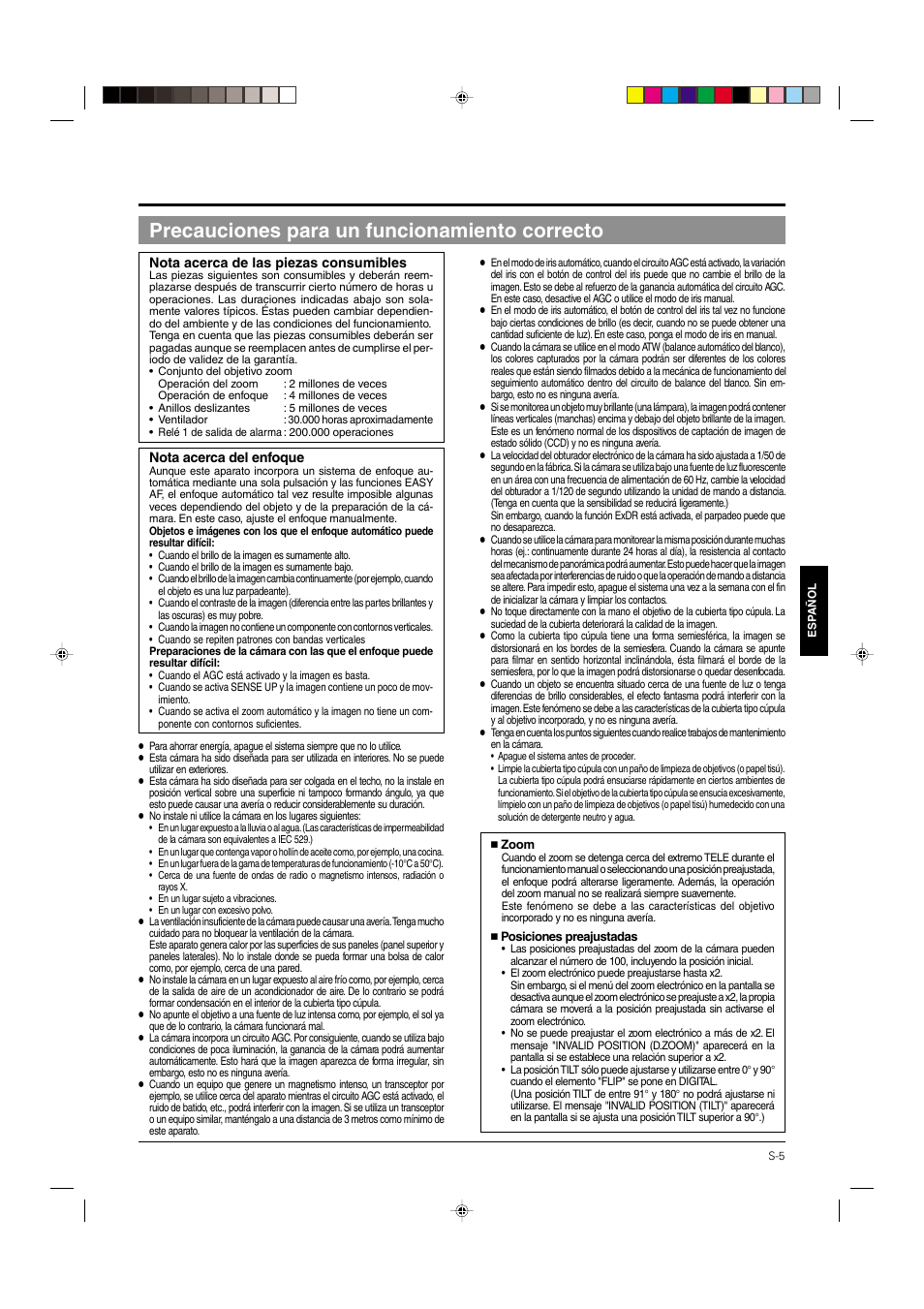 Precauciones para un funcionamiento correcto | JVC DOME TYPE CAMERA TK-C676 User Manual | Page 134 / 216