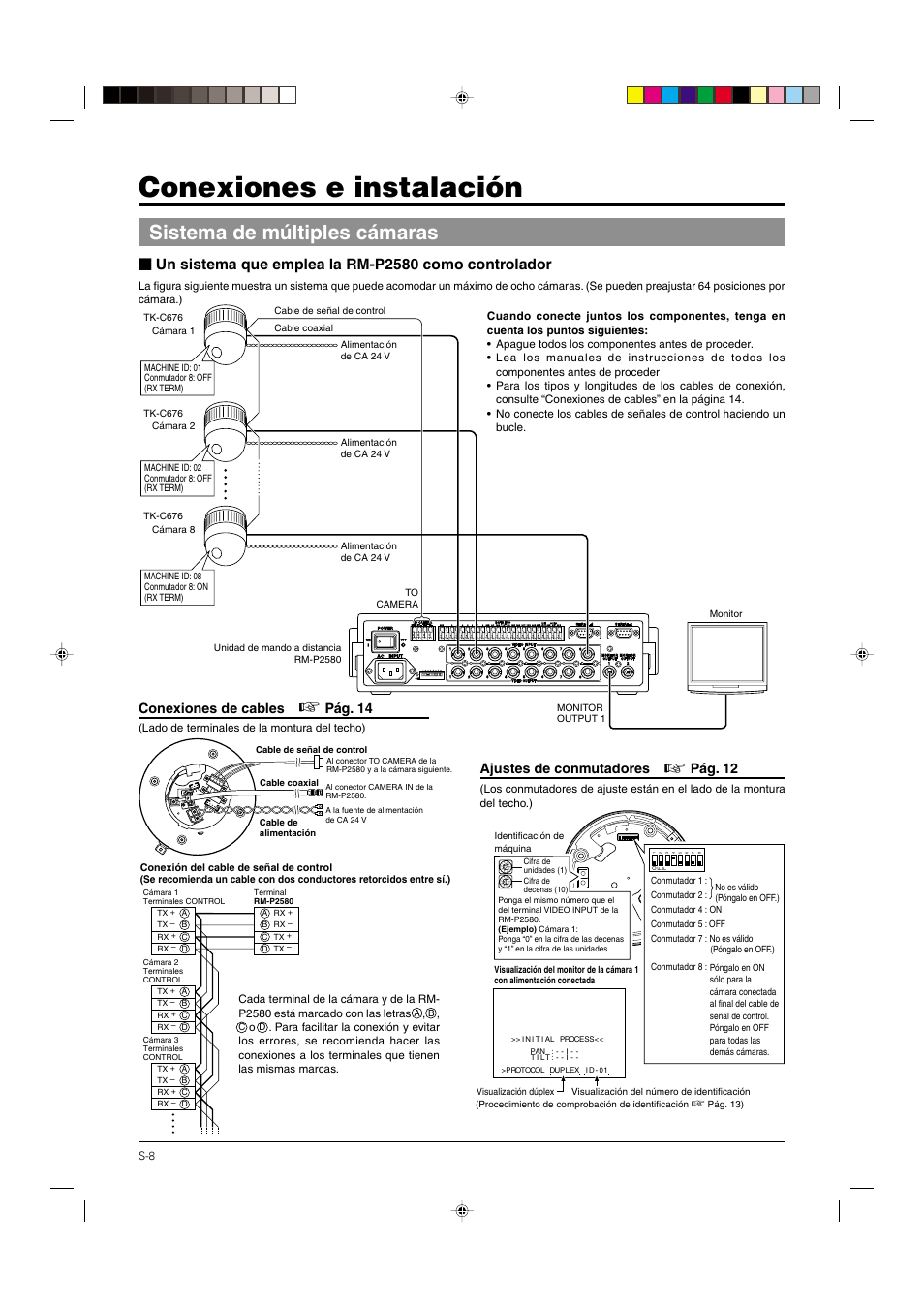 Conexiones e instalación, Sistema de múltiples cámaras, Un sistema que emplea la rm-p2580 como controlador | Conexiones de cables, Pág. 14, Ajustes de conmutadores, Pág. 12 | JVC DOME TYPE CAMERA TK-C676 User Manual | Page 137 / 216