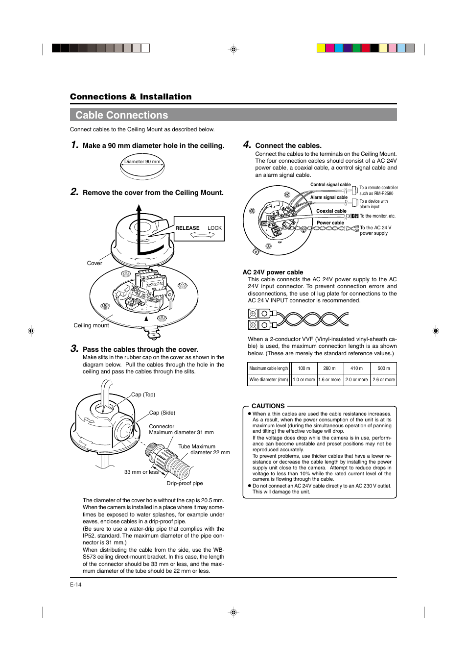 Cable connections, P. 14, Connections & installation | JVC DOME TYPE CAMERA TK-C676 User Manual | Page 14 / 216