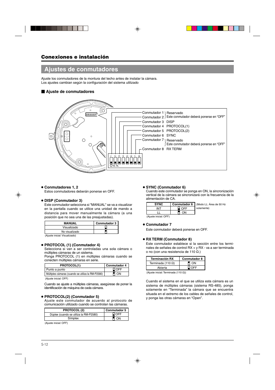 Ajustes de conmutadores, Pág. 12, Conexiones e instalación | Ajuste de conmutadores | JVC DOME TYPE CAMERA TK-C676 User Manual | Page 141 / 216