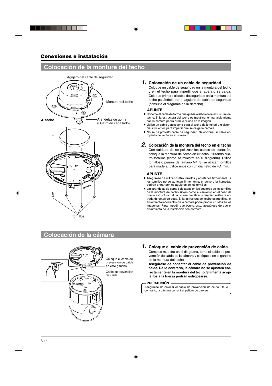 Colocación de la montura del techo, Colocación de la cámara, Conexiones e instalación | JVC DOME TYPE CAMERA TK-C676 User Manual | Page 145 / 216