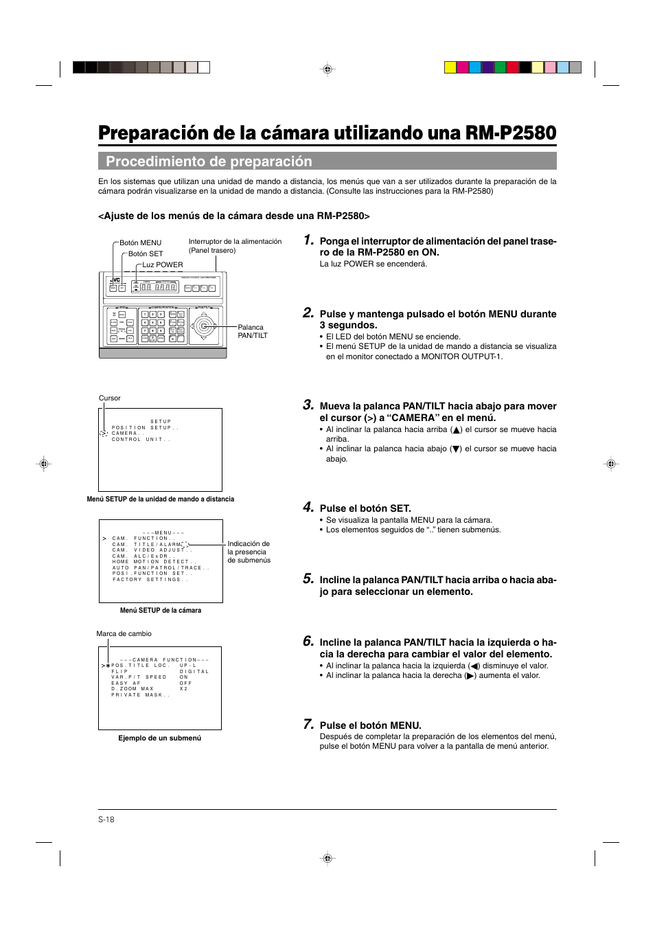 Preparación de la cámara utilizando una rm-p2580, Procedimiento de preparación, Pulse el botón set | Pulse el botón menu, S-18, La luz power se encenderá, Al inclinar la palanca hacia arriba, El cursor se mueve hacia abajo, Al inclinar la palanca hacia la izquierda, Aumenta el valor | JVC DOME TYPE CAMERA TK-C676 User Manual | Page 147 / 216