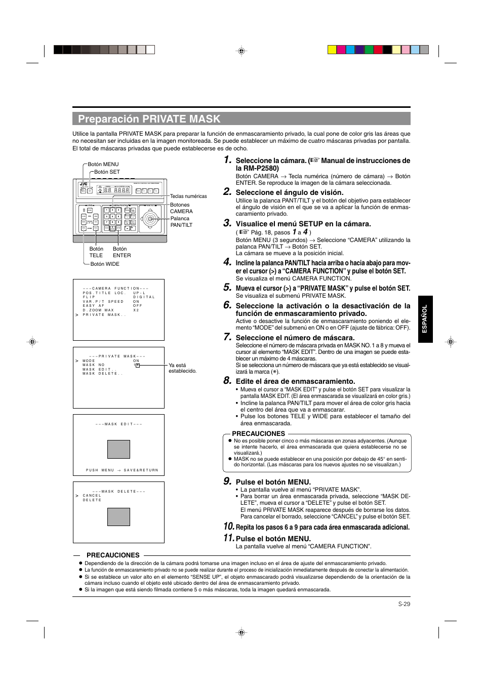 Preparación private mask, Pág. 29, Seleccione la cámara | Manual de instrucciones de la rm-p2580), Seleccione el ángulo de visión, Visualice el menú setup en la cámara, Seleccione el número de máscara, Edite el área de enmascaramiento, Pulse el botón menu, Precauciones | JVC DOME TYPE CAMERA TK-C676 User Manual | Page 158 / 216