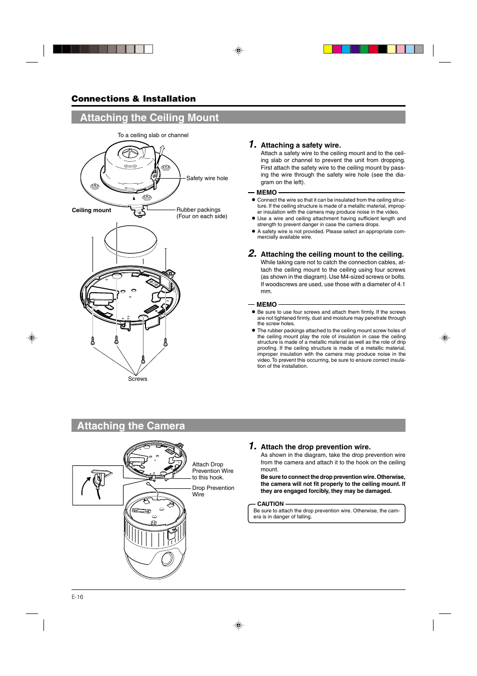 Attaching the ceiling mount, Attaching the camera, Connections & installation | JVC DOME TYPE CAMERA TK-C676 User Manual | Page 16 / 216