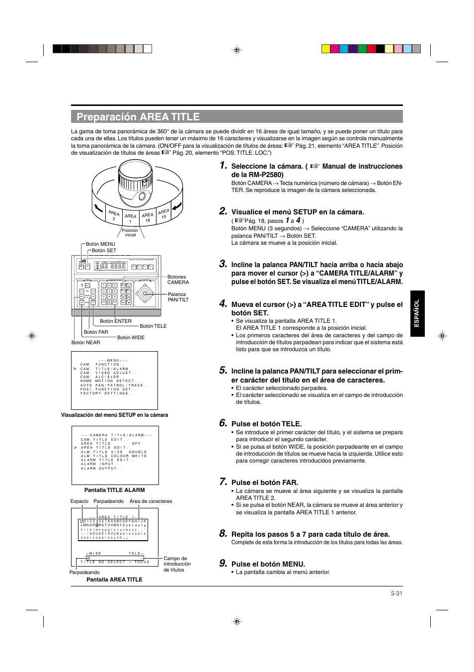 Preparación area title, Pág. 31, Seleccione la cámara | Manual de instrucciones de la rm-p2580), Visualice el menú setup en la cámara, Pulse el botón tele, Pulse el botón far, Repita los pasos 5 a 7 para cada título de área, Pulse el botón menu | JVC DOME TYPE CAMERA TK-C676 User Manual | Page 160 / 216