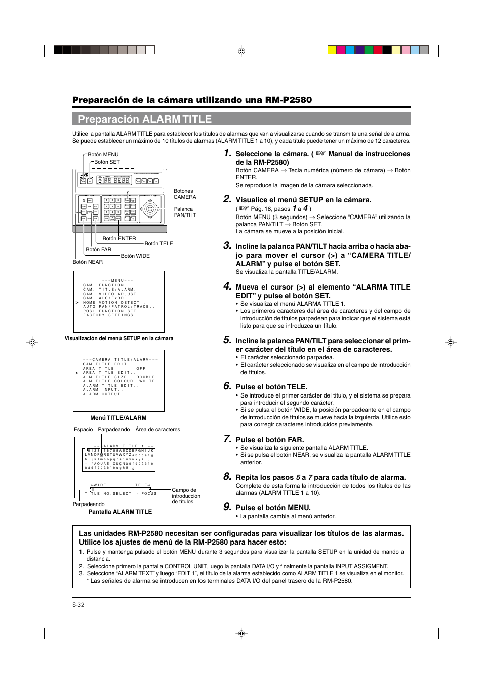 Preparación alarm title, Pág. 32, Preparación de la cámara utilizando una rm-p2580 | Seleccione la cámara, Manual de instrucciones de la rm-p2580), Visualice el menú setup en la cámara, Pulse el botón tele, Pulse el botón far, Repita los pasos 5 a 7 para cada título de alarma, Pulse el botón menu | JVC DOME TYPE CAMERA TK-C676 User Manual | Page 161 / 216