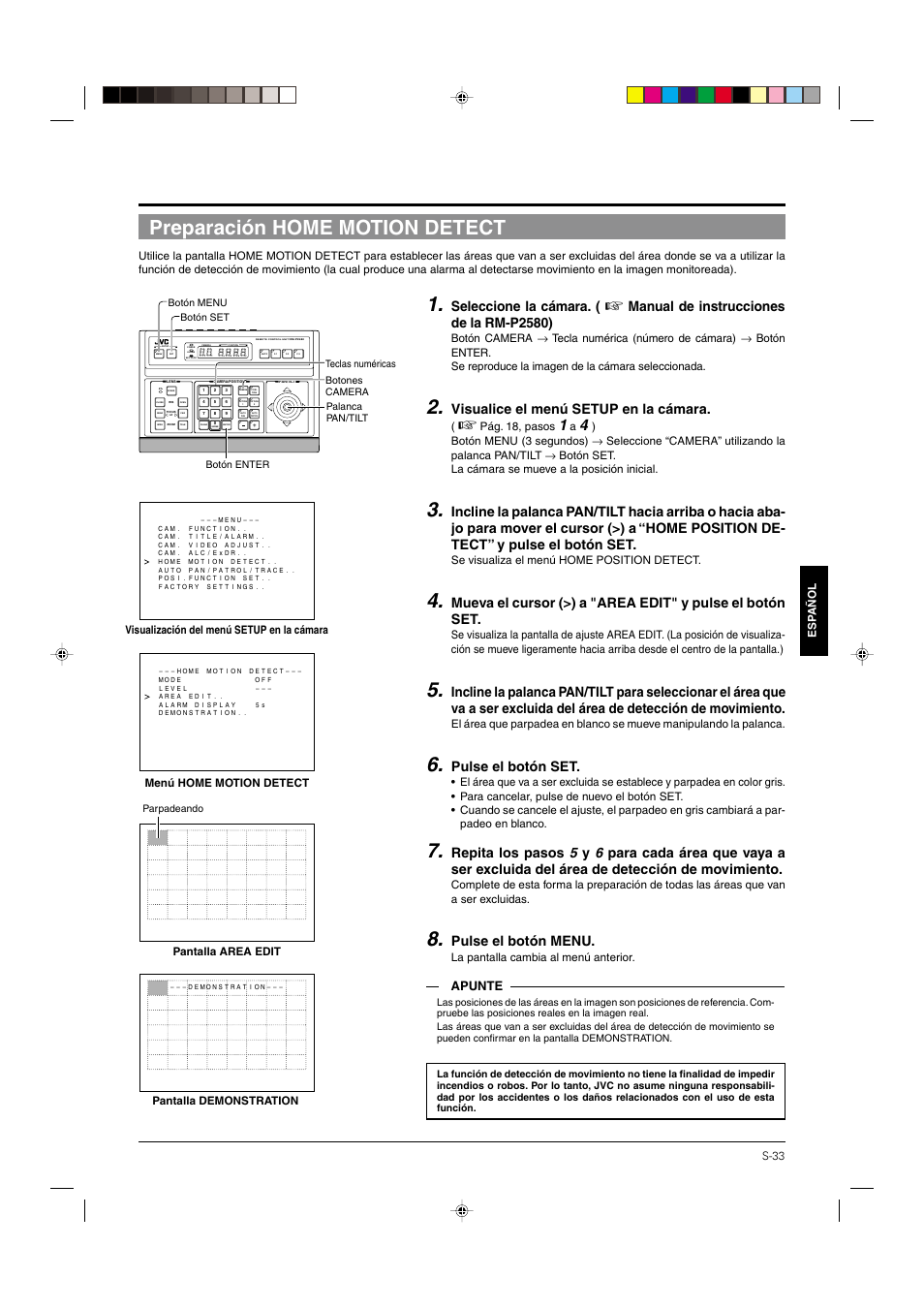 Preparación home motion detect, Seleccione la cámara, Manual de instrucciones de la rm-p2580) | Visualice el menú setup en la cámara, Pulse el botón set, Pulse el botón menu, Apunte | JVC DOME TYPE CAMERA TK-C676 User Manual | Page 162 / 216