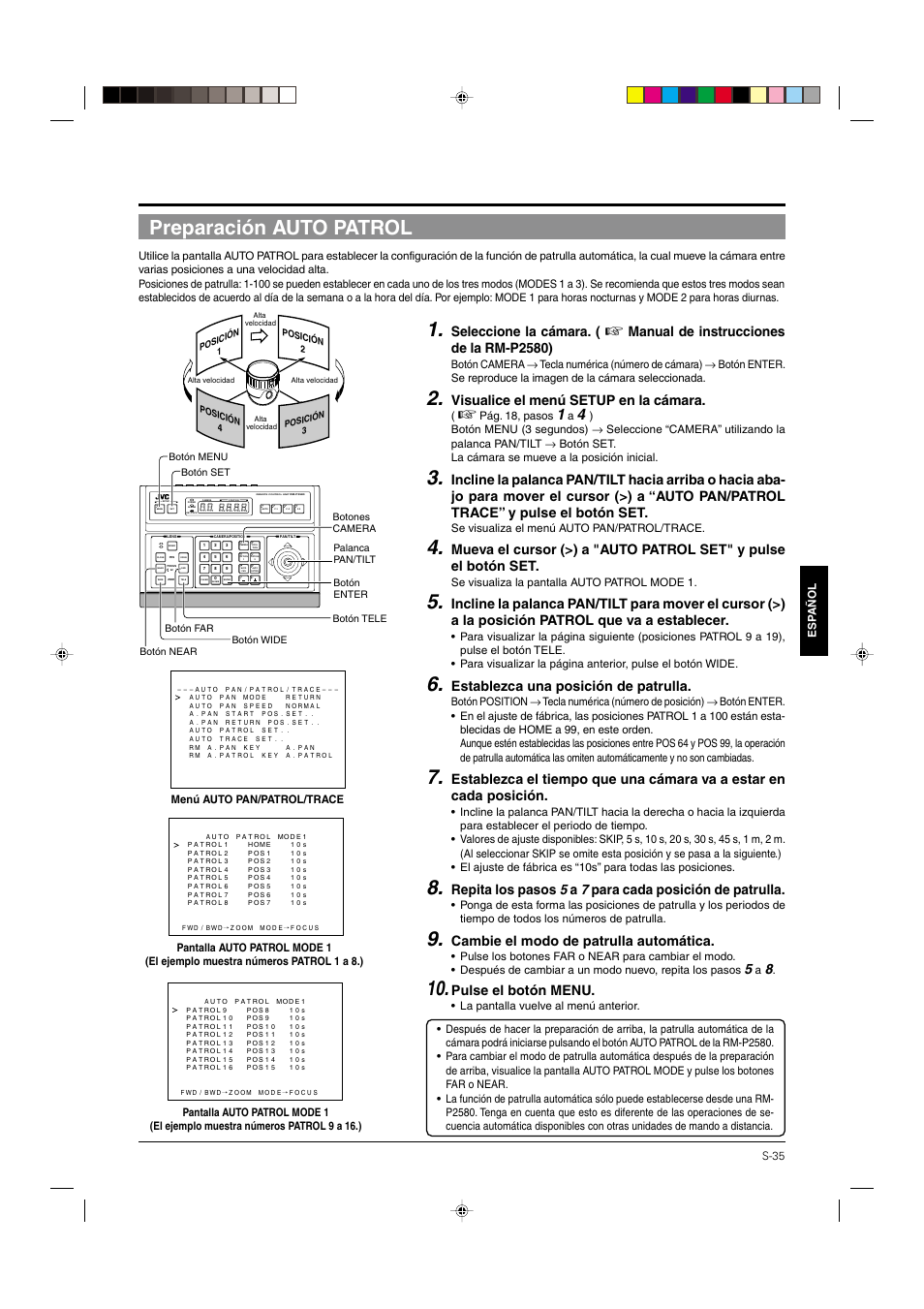 Preparación auto patrol, Pág. 35, Seleccione la cámara | Manual de instrucciones de la rm-p2580), Visualice el menú setup en la cámara, Establezca una posición de patrulla, Cambie el modo de patrulla automática, Pulse el botón menu | JVC DOME TYPE CAMERA TK-C676 User Manual | Page 164 / 216