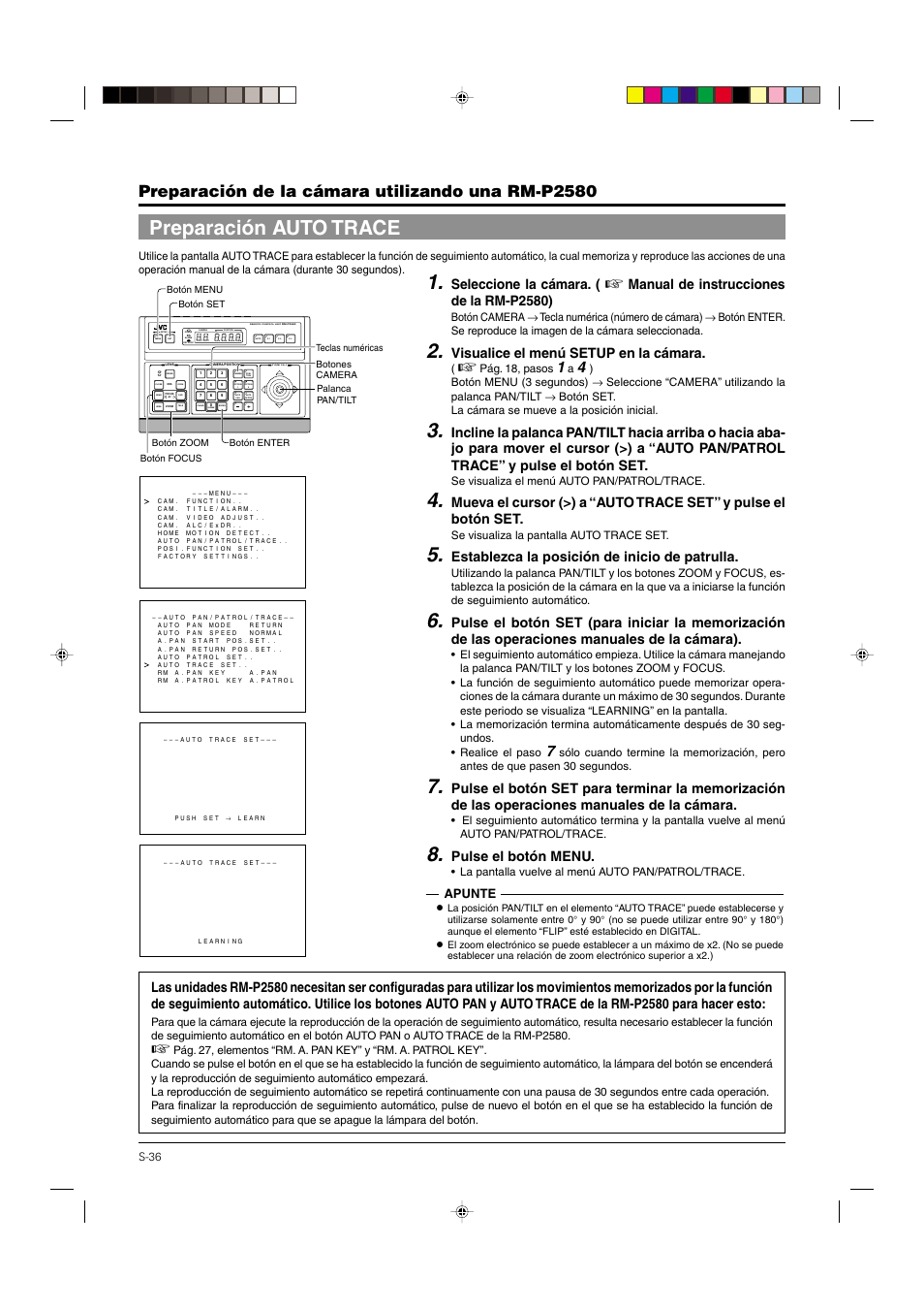 Preparación auto trace, Pág. 36, Preparación de la cámara utilizando una rm-p2580 | Seleccione la cámara, Manual de instrucciones de la rm-p2580), Visualice el menú setup en la cámara, Establezca la posición de inicio de patrulla, Pulse el botón menu, Apunte | JVC DOME TYPE CAMERA TK-C676 User Manual | Page 165 / 216