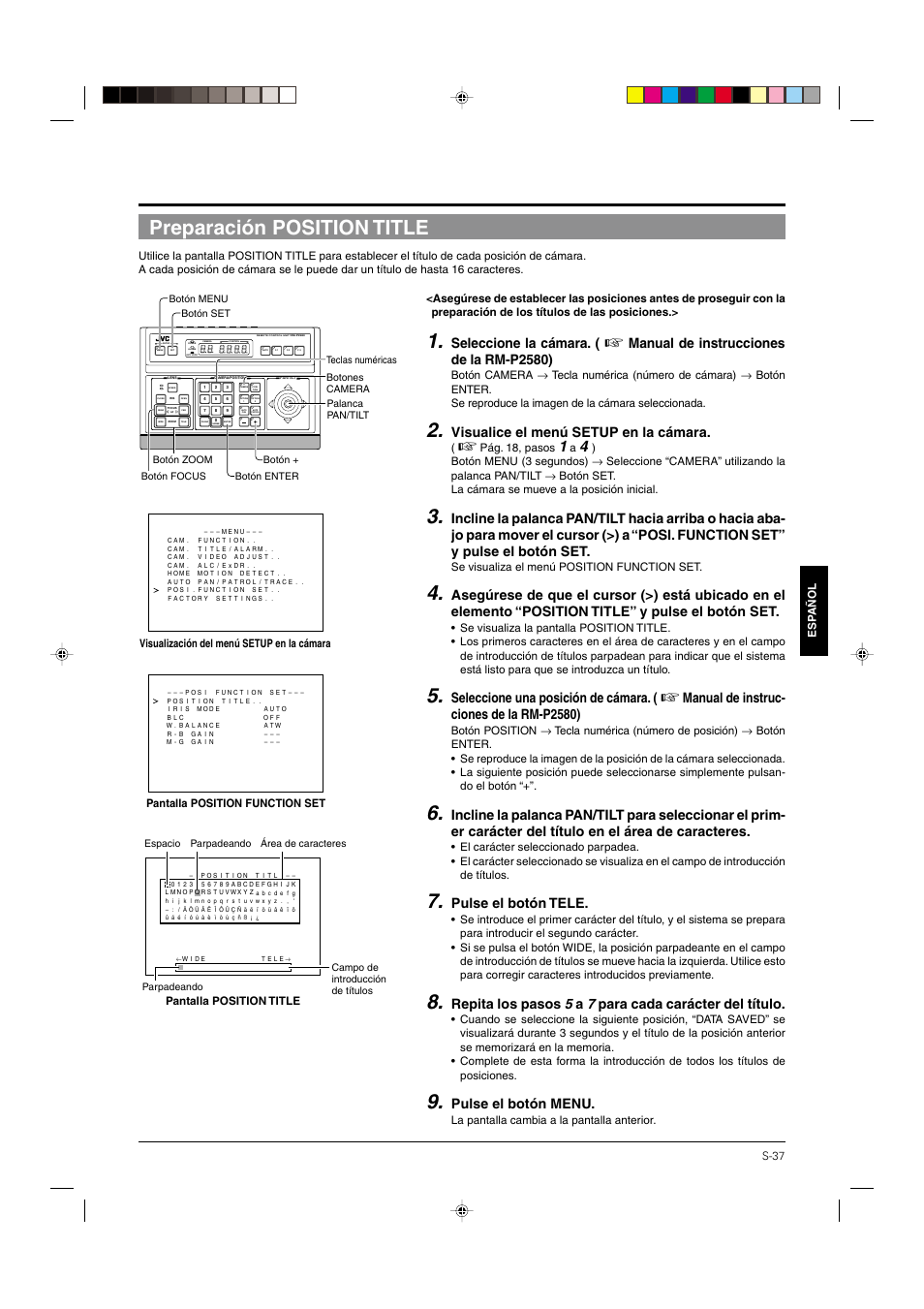 Preparación position title, Pág. 37, Seleccione la cámara | Manual de instrucciones de la rm-p2580), Visualice el menú setup en la cámara, Seleccione una posición de cámara, Manual de instruc- ciones de la rm-p2580), Pulse el botón tele, Pulse el botón menu | JVC DOME TYPE CAMERA TK-C676 User Manual | Page 166 / 216