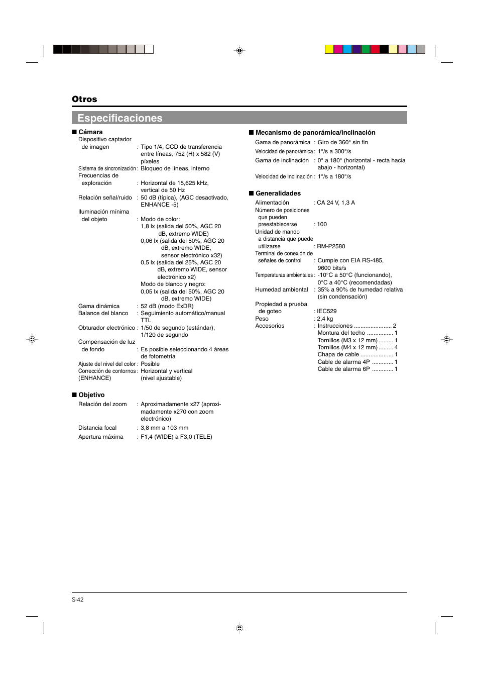 Especificaciones, Otros | JVC DOME TYPE CAMERA TK-C676 User Manual | Page 171 / 216