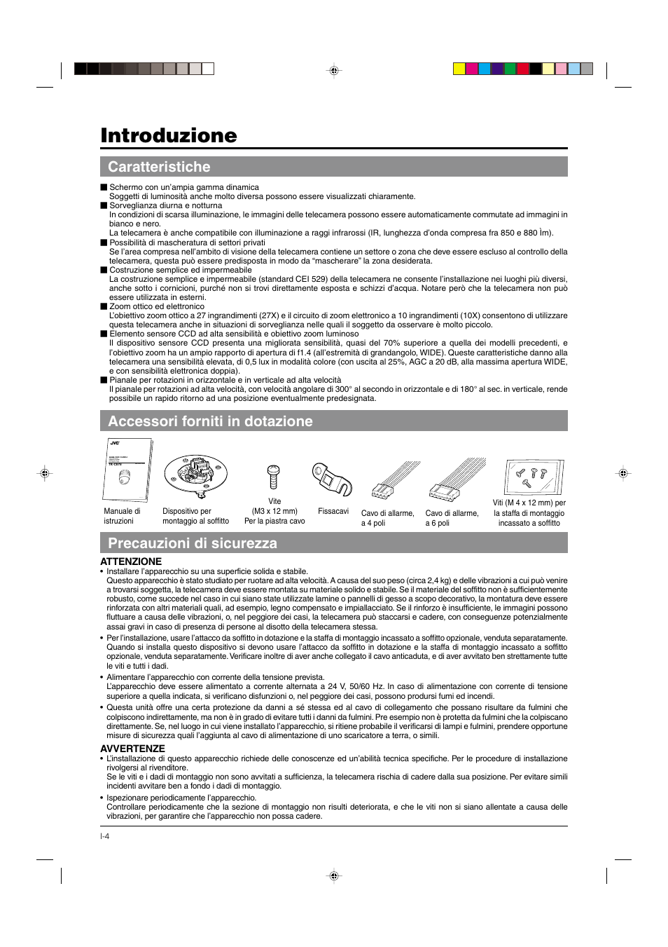 Introduzione, Caratteristiche, Accessori forniti in dotazione | Precauzioni di sicurezza, Accessori forniti in dotazione caratteristiche | JVC DOME TYPE CAMERA TK-C676 User Manual | Page 176 / 216