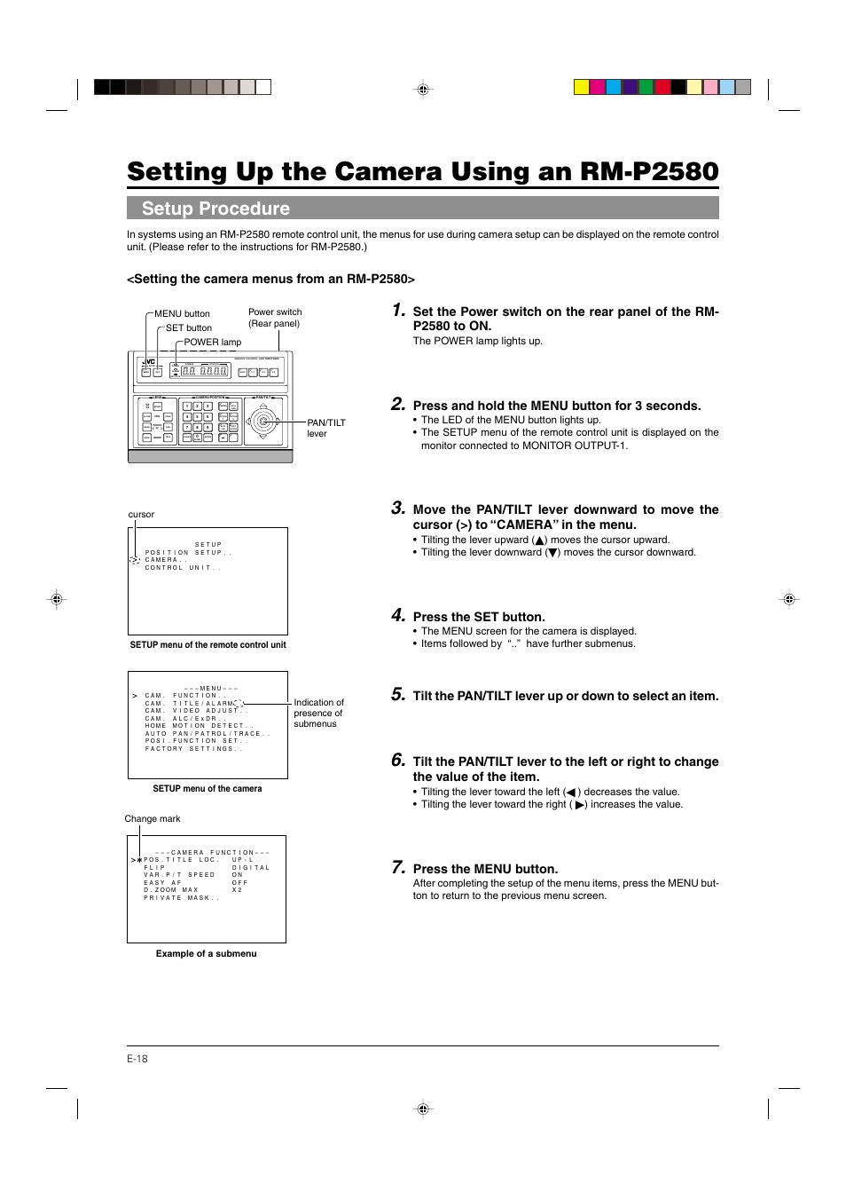 Setting up the camera using an rm-p2580, Setup procedure, Setting the camera menus from an rm-p2580 | Press and hold the menu button for 3 seconds, Press the set button, Press the menu button, E-18, The power lamp lights up, Tilting the lever upward, Moves the cursor downward | JVC DOME TYPE CAMERA TK-C676 User Manual | Page 18 / 216