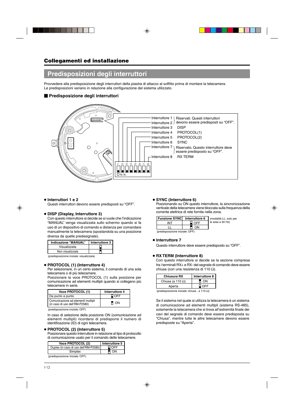 Predisposizioni degli interruttori, P. 12, Collegamenti ed installazione | Predisposizione degli interruttori | JVC DOME TYPE CAMERA TK-C676 User Manual | Page 184 / 216