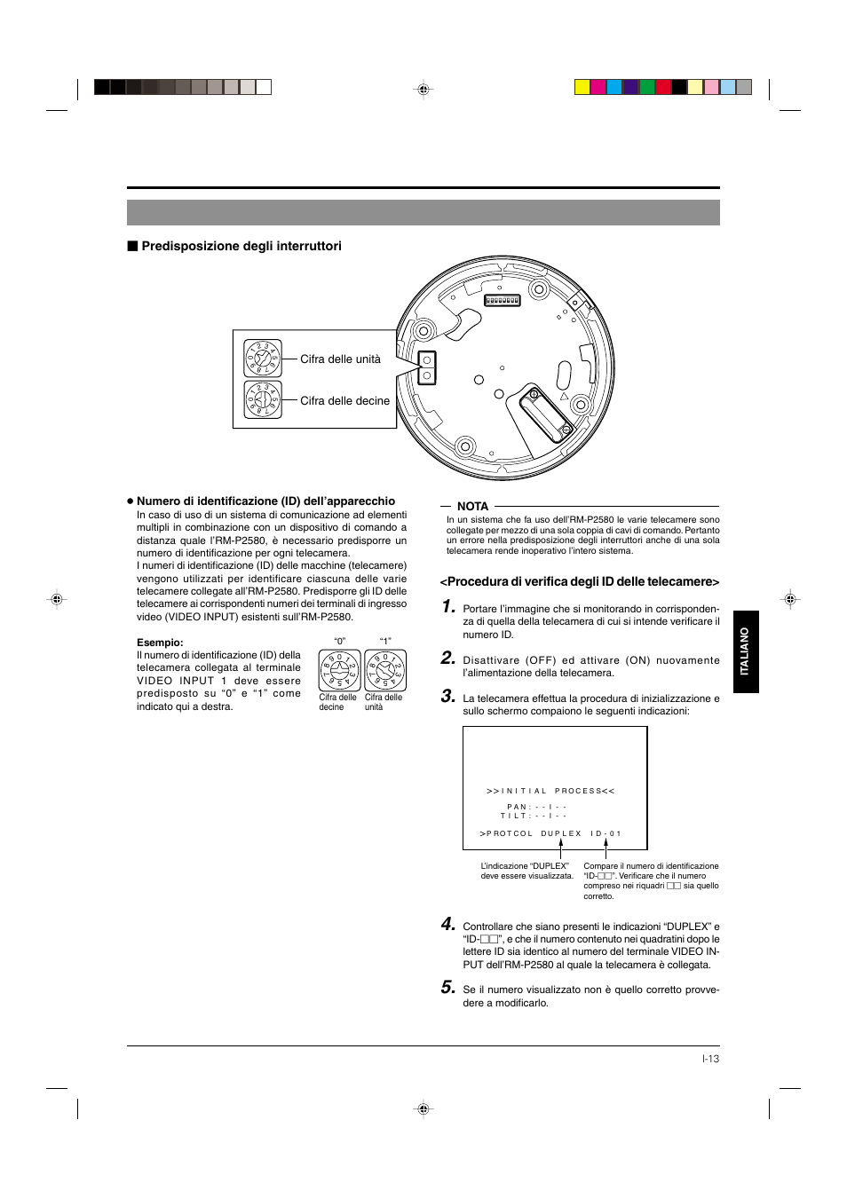 P. 13, Numero di identificazione (id) dell’apparecchio, Cifra delle unità cifra delle decine | Nota | JVC DOME TYPE CAMERA TK-C676 User Manual | Page 185 / 216