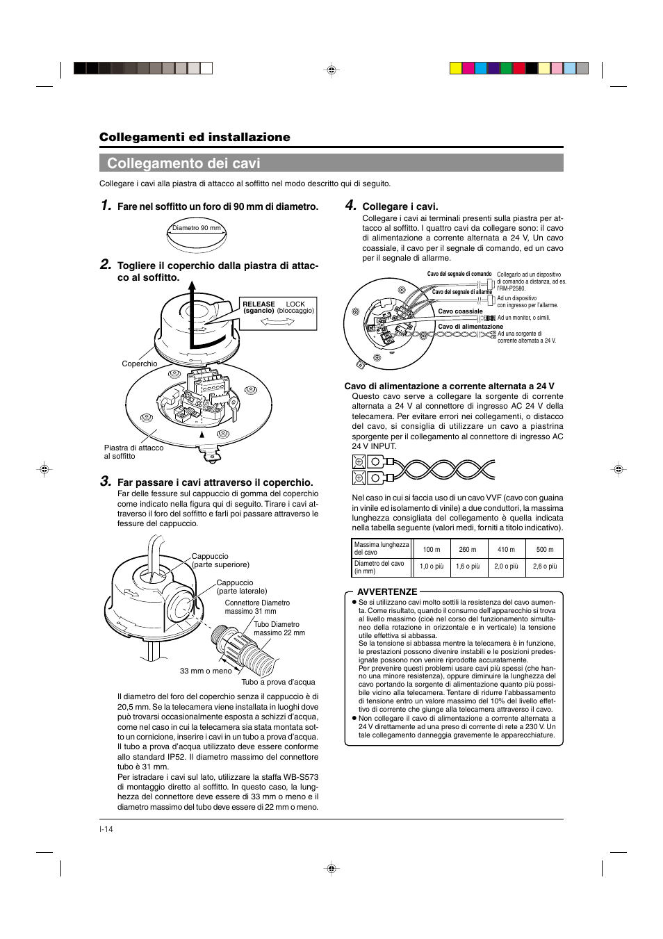 Collegamento dei cavi, P. 14, A pag. 14 | Collegamenti ed installazione | JVC DOME TYPE CAMERA TK-C676 User Manual | Page 186 / 216