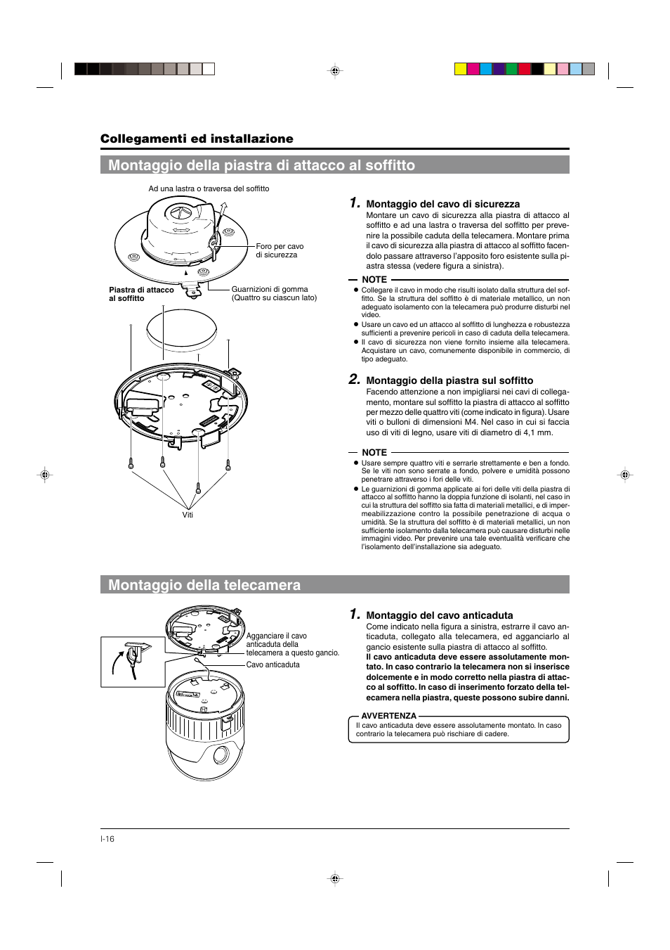 Montaggio della piastra di attacco al soffitto, Montaggio della telecamera, Collegamenti ed installazione | JVC DOME TYPE CAMERA TK-C676 User Manual | Page 188 / 216