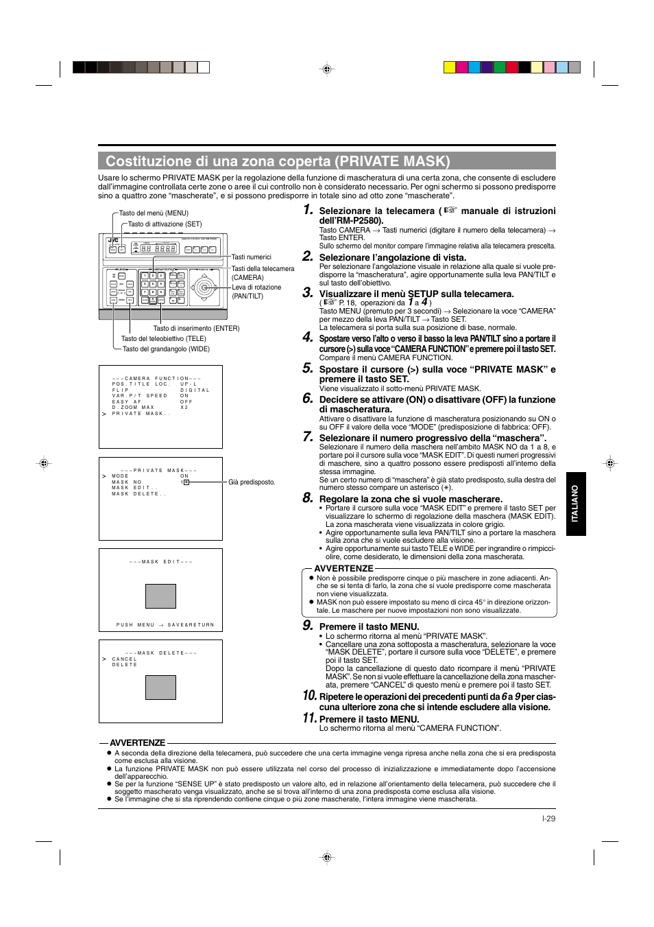 Costituzione di una zona coperta (private mask), P.29, Selezionare la telecamera | Manuale di istruzioni dell’rm-p2580), Selezionare l’angolazione di vista, Visualizzare il menù setup sulla telecamera, Selezionare il numero progressivo della “maschera, Regolare la zona che si vuole mascherare, Premere il tasto menu, Ripetere le operazioni dei precedenti punti da | JVC DOME TYPE CAMERA TK-C676 User Manual | Page 201 / 216