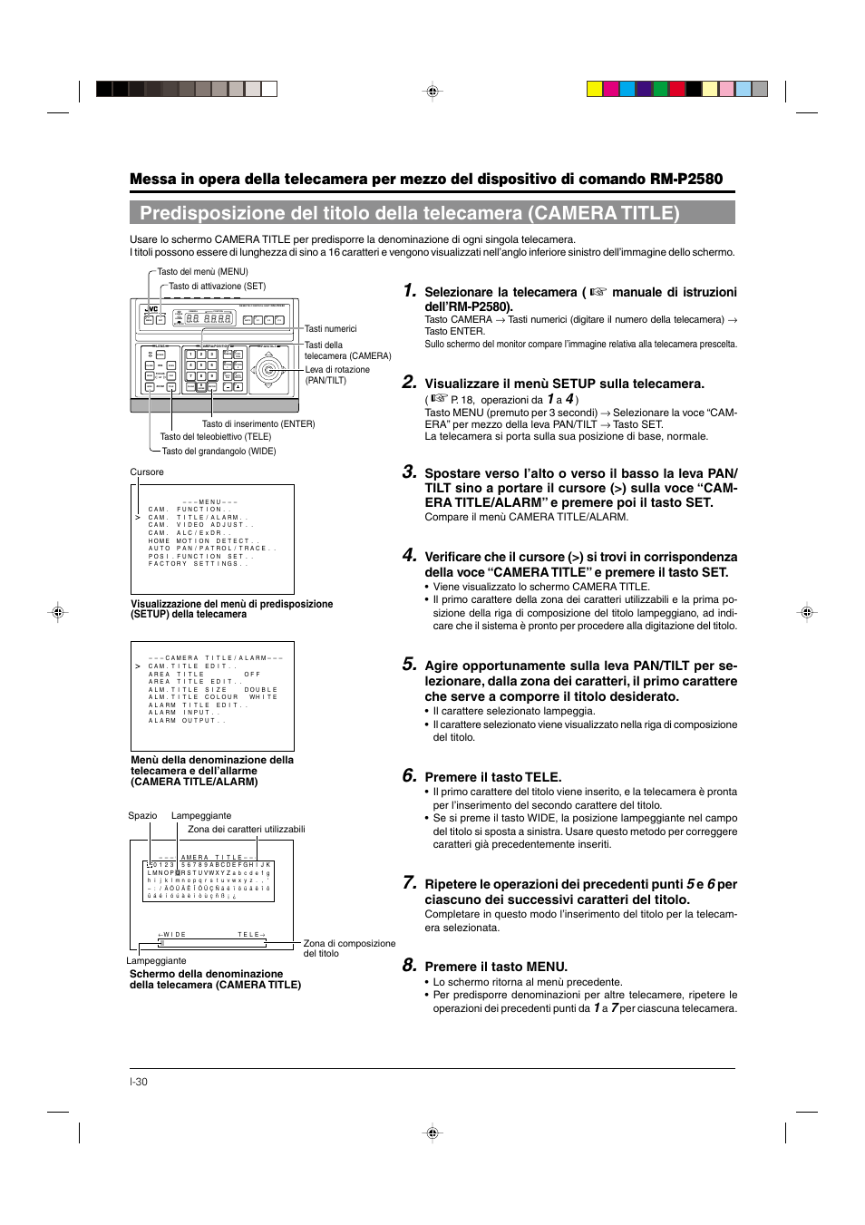 P. 30, Selezionare la telecamera, Manuale di istruzioni dell’rm-p2580) | Visualizzare il menù setup sulla telecamera, Premere il tasto tele, Ripetere le operazioni dei precedenti punti, Per ciascuno dei successivi caratteri del titolo, Premere il tasto menu | JVC DOME TYPE CAMERA TK-C676 User Manual | Page 202 / 216