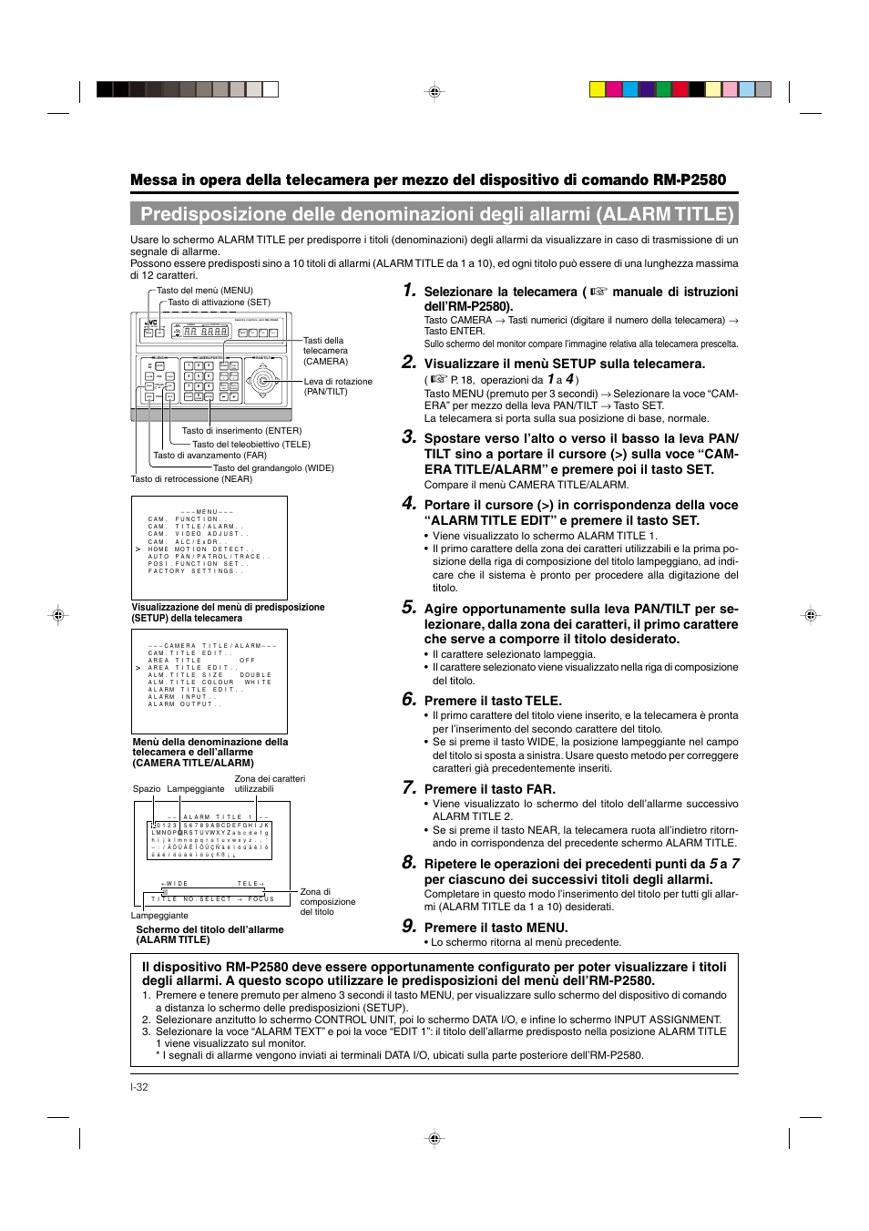 P. 32, Selezionare la telecamera, Manuale di istruzioni dell’rm-p2580) | Visualizzare il menù setup sulla telecamera, Premere il tasto tele, Premere il tasto far, Ripetere le operazioni dei precedenti punti da, Per ciascuno dei successivi titoli degli allarmi, Premere il tasto menu | JVC DOME TYPE CAMERA TK-C676 User Manual | Page 204 / 216