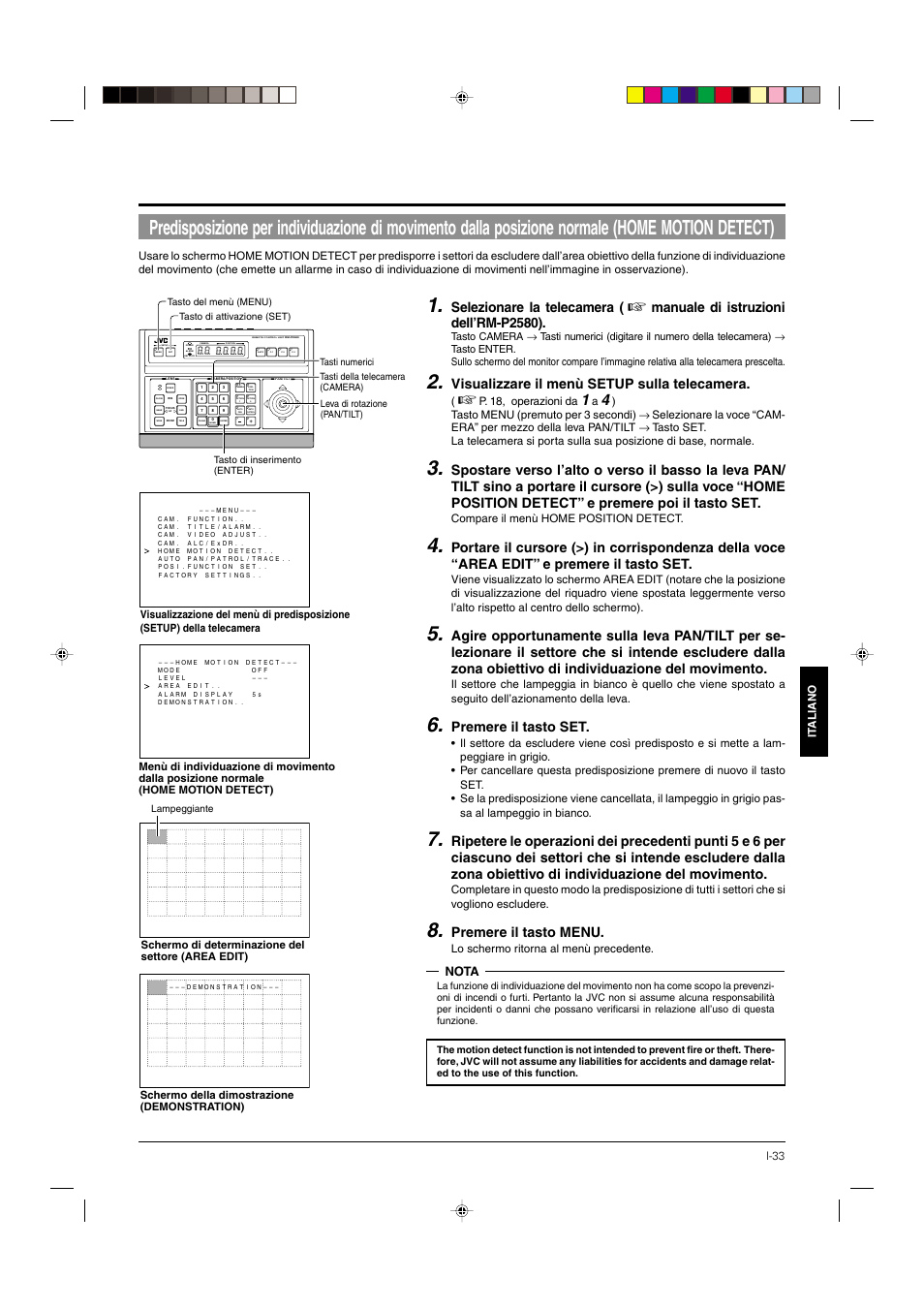 Selezionare la telecamera, Manuale di istruzioni dell’rm-p2580), Visualizzare il menù setup sulla telecamera | Premere il tasto set, Premere il tasto menu, Nota | JVC DOME TYPE CAMERA TK-C676 User Manual | Page 205 / 216