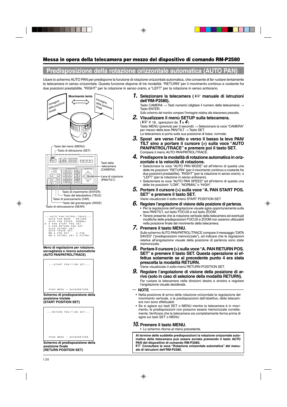 P. 34, Selezionare la telecamera, Manuale di istruzioni dell’rm-p2580) | Visualizzare il menù setup sulla telecamera, Premere il tasto menu, Setup menu set speed, Open far tele clear /home, Camera position remote control unit, Alarm power key lock | JVC DOME TYPE CAMERA TK-C676 User Manual | Page 206 / 216