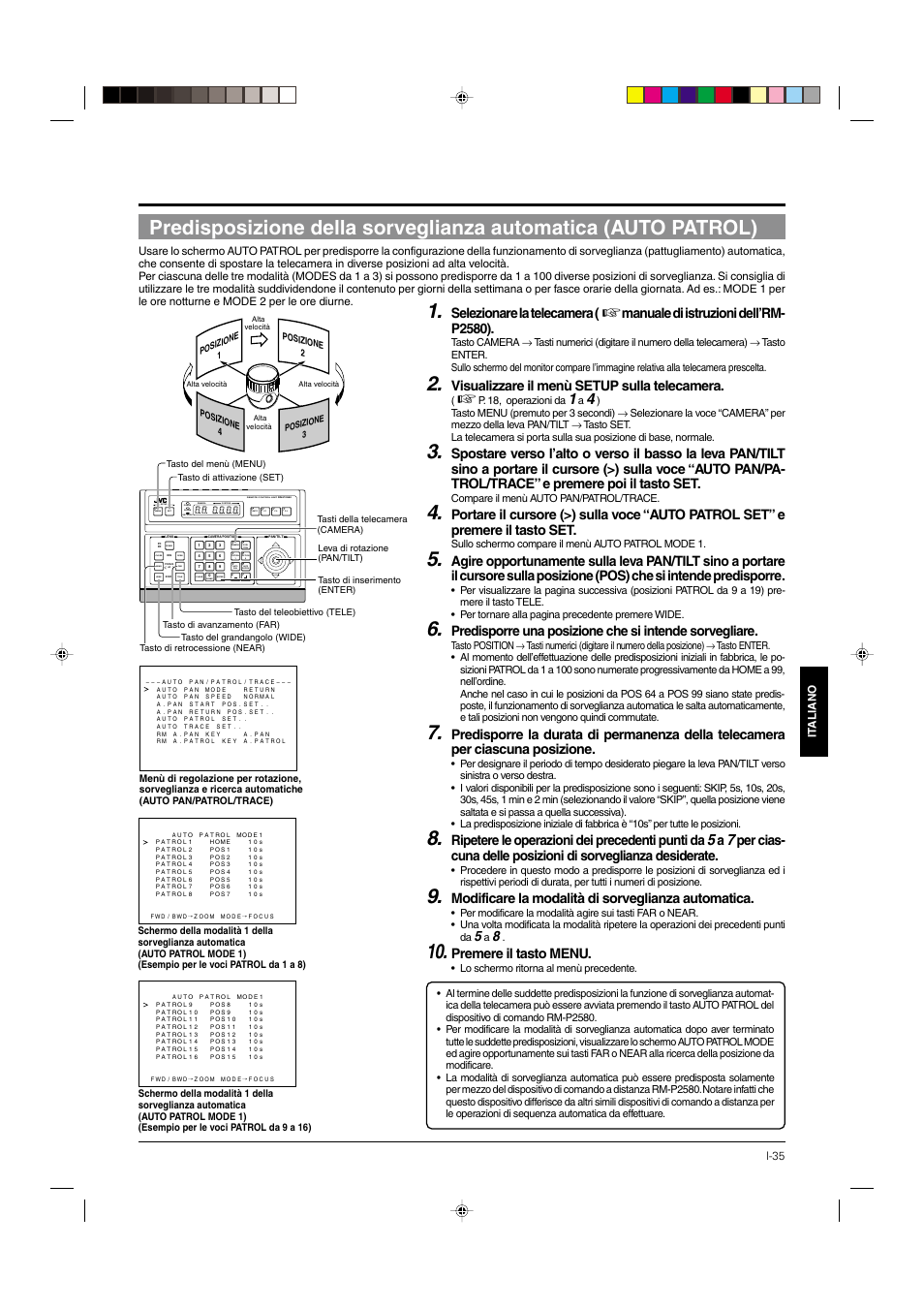 P. 35, Selezionare la telecamera, Manuale di istruzioni dell’rm- p2580) | Visualizzare il menù setup sulla telecamera, Ripetere le operazioni dei precedenti punti da, Modificare la modalità di sorveglianza automatica, Premere il tasto menu, Setup menu set speed, Open far tele clear /home, Camera position remote control unit | JVC DOME TYPE CAMERA TK-C676 User Manual | Page 207 / 216